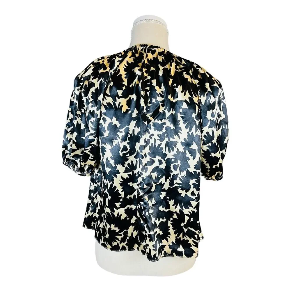 Ulla Johnson Neema Raven Black Cream Floral Satin Puff Sleeve Top Size 0